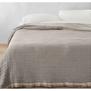 Casaluna Cotton Jacquard Coverlet Textured Fringe Chambray, Gray/White, King NEW